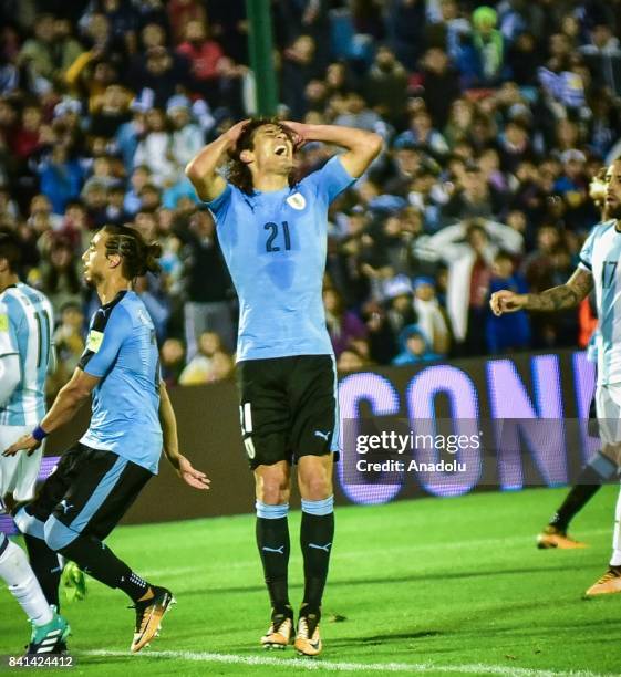 Edinson Cavani of Uruguay reacts during the 2018 FIFA World Cup qualifying match between Uruguay and Argentina at the Centenario Stadium in...