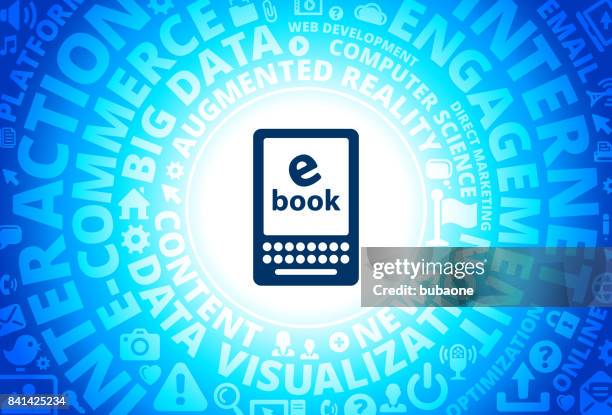 e book icon on internet modern technology words background - man reading tablet stock illustrations