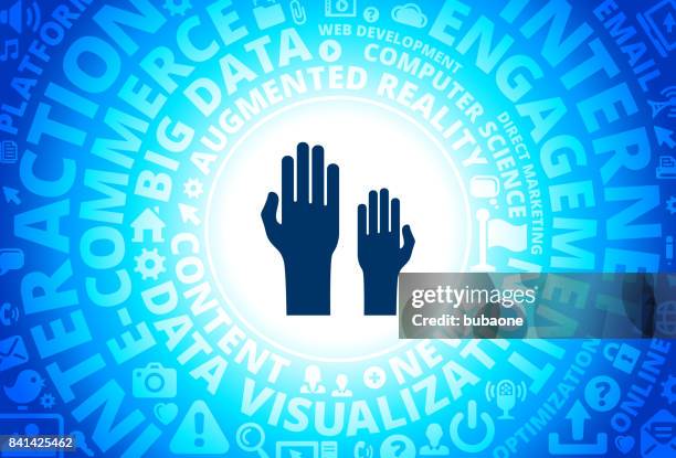 raising hands icon on internet modern technology words background - raising flag stock illustrations