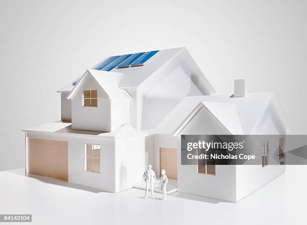 3/4 view of architectural model with solar panels - architectural model stockfoto's en -beelden