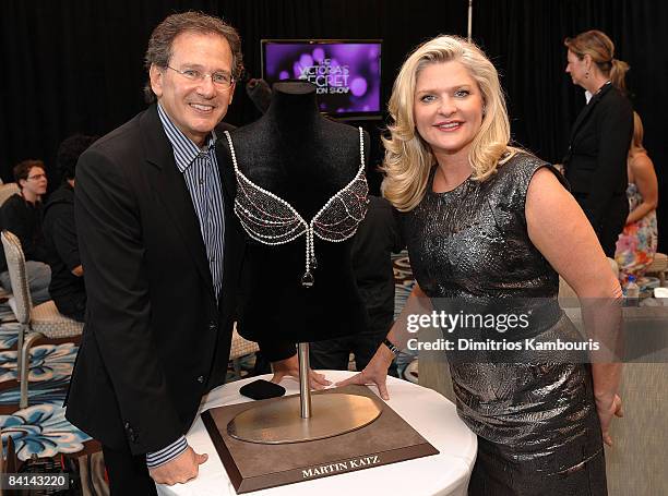 Jewlery designer Martin Katz and Victoria's Secret CEO Sharen Tuney pose with 2008 Fantasy Bra at the 2008 Victoria's Secret Fashion Show at the...