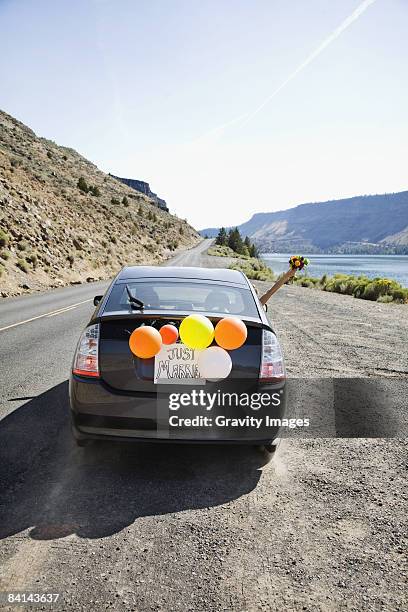 just married car with balloons - just married car stock pictures, royalty-free photos & images