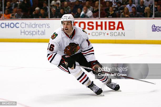 Andrew Ladd of the Chicago Blackhawks skates during their NHL game against the Anaheim Ducks at the Honda Center on November 28, 2008 in Anaheim,...
