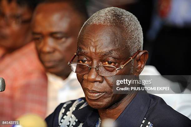 Electoral Commission chairman Kwadwo Afari-Gyan speaks on the result of the run-off presidential election at the commission's headquaters in Accra on...