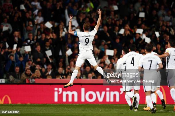 Chris Wood of New Zealand celebrates after scoring a goal during the 2018 FIFA World Cup Qualifier match between the New Zealand All Whites and...