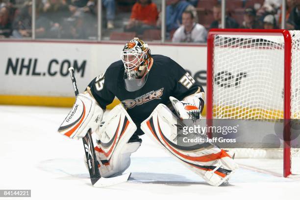 Goalie Jean-Sebastien Giguere of the Anaheim Ducks guards the net before the game against the St. Louis Blues at the Honda Center on December 10,...