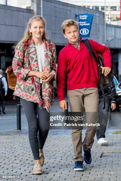 Princess Elisabeth of Belgium and Prince Gabriel of Belgium go to school at the Sint-Jan-Berchmanscollege after the summer vacation on September 1,...