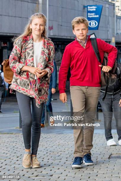 Princess Elisabeth of Belgium and Prince Gabriel of Belgium go to school at the Sint-Jan-Berchmanscollege after the summer vacation on September 1,...