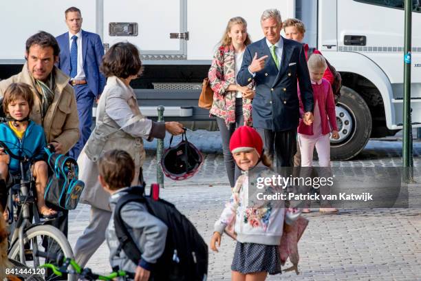 King Philippe of Belgium bring his children Princess Elisabeth of Belgium, Prince Gabriel of Belgium and Princess Eleonore of Belgium to school at...