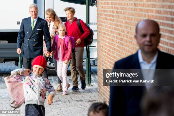 King Philippe of Belgium bring his children Princess Elisabeth of Belgium, Prince Gabriel of Belgium and Princess Eleonore of Belgium to school at...