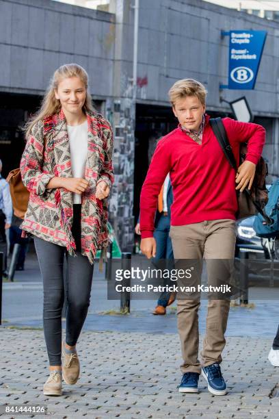 Princess Elisabeth of Belgium and Prince Gabriel of Belgium go to school at the Sint-Jan-Berchmanscollege after the summer vacation on September 1,...