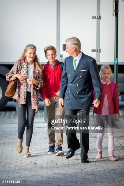 King Philippe of Belgium bring his children Princess Elisabeth of Belgium, Prince Gabriel of Belgium and Princess Eleonore of Belgium to school at...