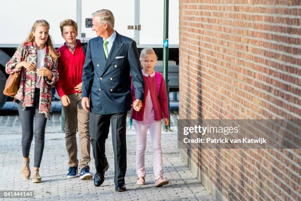 King Philippe of Belgium bring his children Princess Elisabeth of Belgium, Prince Gabriel of Belgium and Princess Eleonore of Belgium to school at...