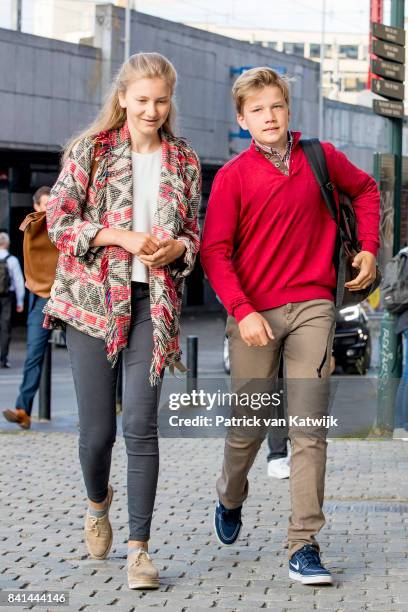 Princess Elisabeth of Belgium and Prince Gabriel of Belgium go to school at the Sint-Jan-Berchmanscollege after the summer vacation on September 1,...