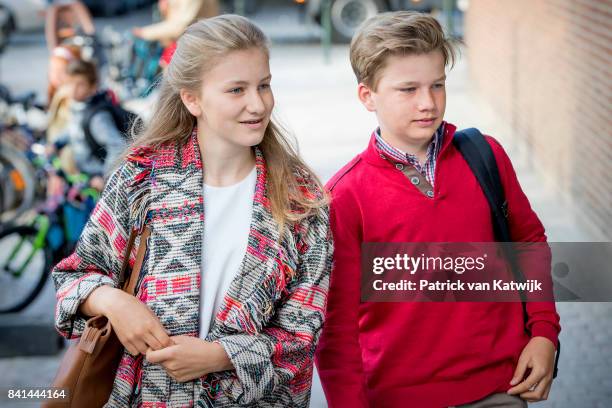 Princess Elisabeth of Belgium and Prince Gabriel of Belgium go to school at the Sint-Jan-Berchmanscollege after the summer vacation on September 1,...