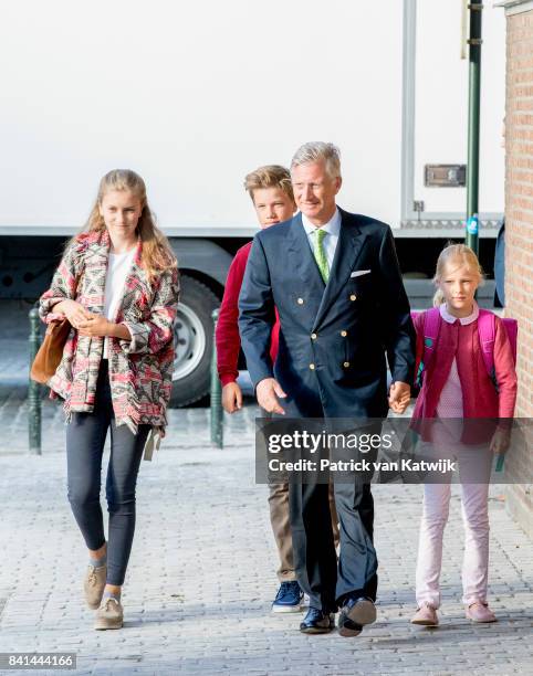 King Philippe of Belgium bring his children Princess Elisabeth of Belgium, Prince Gabriel of Belgium and Princess Eleonore of Belgium to school at...