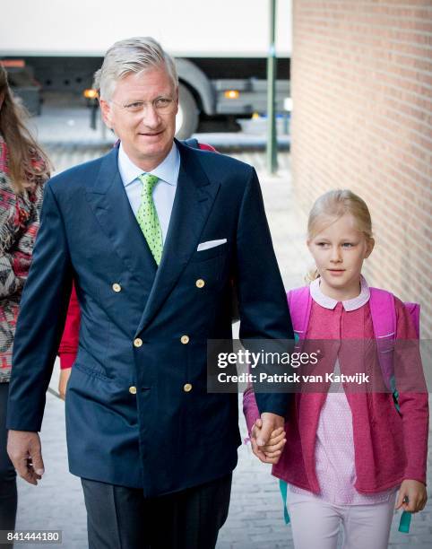 King Philippe of Belgium bring his daughter Princess Eleonore of Belgium to school at the Sint-Jan-Berchmanscollege after the summer vacation on...