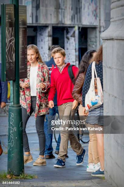 Princess Elisabeth of Belgium and Prince Gabriel of Belgium go to school at the Sint-Jan-Berchmanscollege after the summer vacation on September 1,...