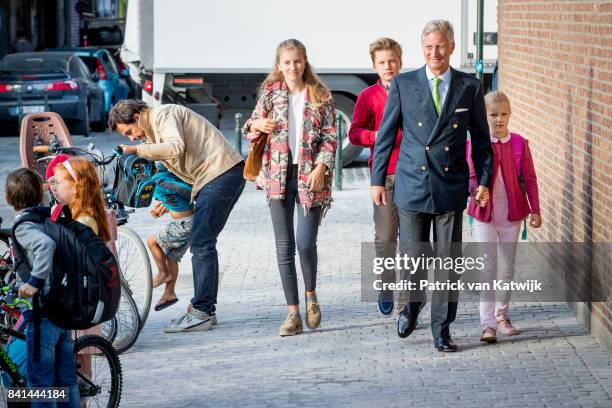 King Philippe of Belgium bring his children Princess Elisabeth of Belgium, Prince Gabriel of Belgium and Princess Eleonore of Belgium to school at...