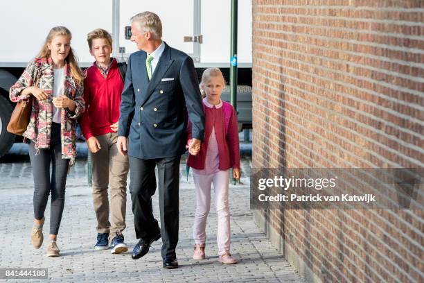 King Philippe of Belgium bring his children Princess Elisabeth of Belgium, Prince Gabriel of Belgium and Princess Eleonore of Belgium to school at...