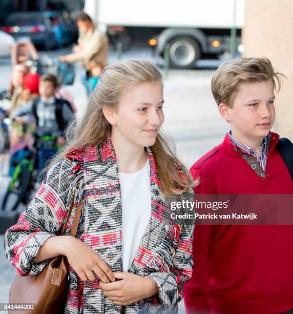 Princess Elisabeth of Belgium and Prince Gabriel of Belgium go to school at the Sint-Jan-Berchmanscollege after the summer vacation on September 1,...