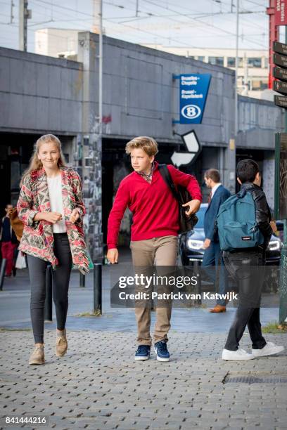 Princess Elisabeth of Belgium and Prince Gabriel of Belgium go to school at the Sint-Jan-Berchmanscollege after the summer vacation on September 1,...