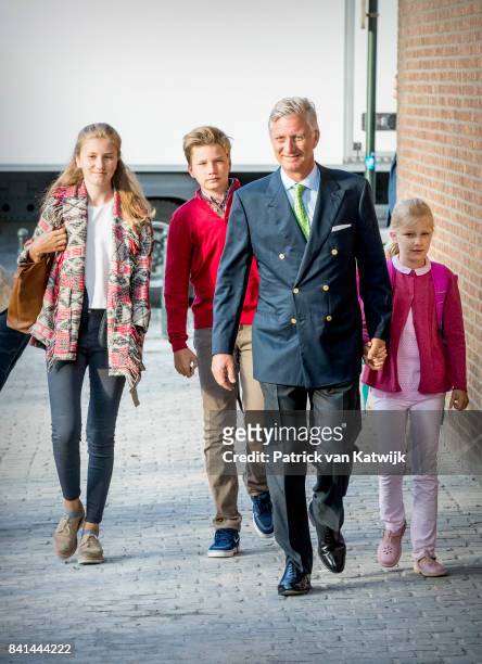 King Philippe of Belgium bring his children Princess Elisabeth of Belgium, Prince Gabriel of Belgium and Princess Eleonore of Belgium to school at...