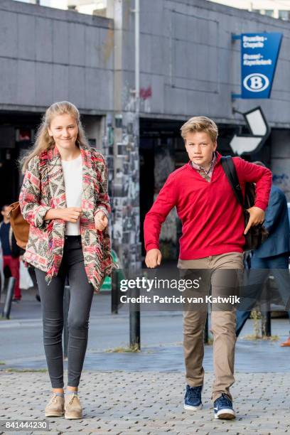 Princess Elisabeth of Belgium and Prince Gabriel of Belgium go to school at the Sint-Jan-Berchmanscollege after the summer vacation on September 1,...