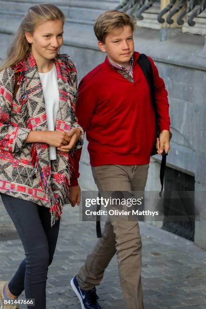 Princess Elisabeth of Belgium and Prince Gabriel of Belgium arrive at the St John Bergmans college to attend the first day of school on September 1,...