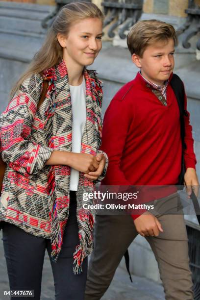 Princess Elisabeth of Belgium and Prince Gabriel of Belgium arrive at the St John Bergmans college to attend the first day of school on September 1,...