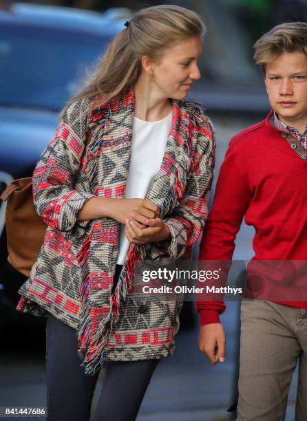 Princess Elisabeth of Belgium and Prince Gabriel of Belgium arrive at the St John Bergmans college to attend the first day of school on September 1,...