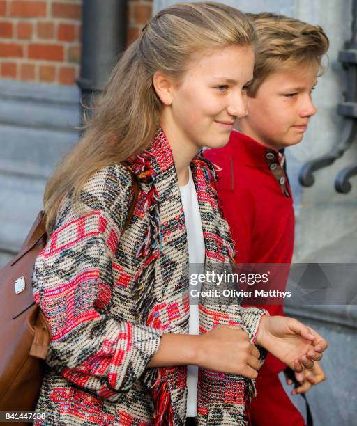 Princess Elisabeth of Belgium and Prince Gabriel of Belgium arrive at the St John Bergmans college to attend the first day of school on September 1,...