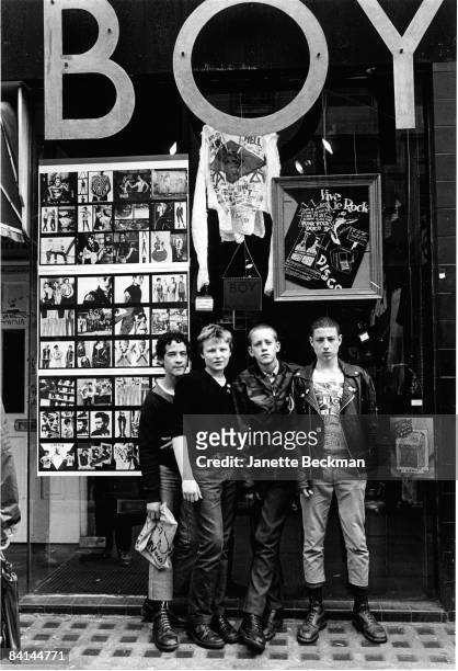 Some young punks gather in front of the shop BOY on King's Road in London, 1979.