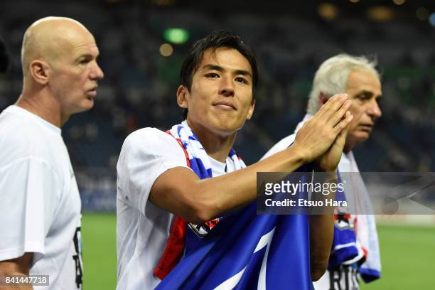Makoto Hasebe of Japan celebrate their 2-0 victory and qualified for the FIFA World Cup Russia after the FIFA World Cup Qualifier match between Japan...