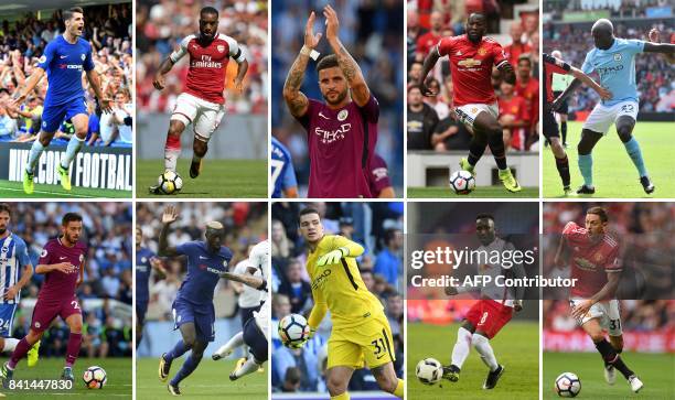Combination of photographs created in London on August 31, 2017 shows the players involved in the top 10 biggest deals in the Premier League; Alvaro...