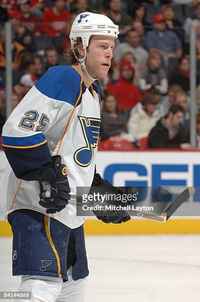 Yan Stastny of the St. Louis Blues skates during a NHL hockey game against the Washington Capitals on December 18, 2008 at the Verizon Center in...