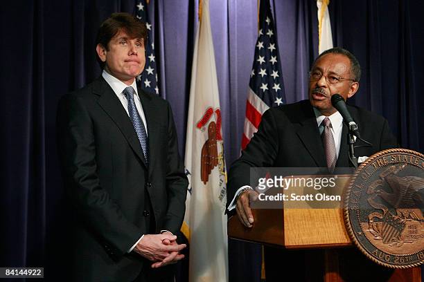 Former Illinois Attorney General Roland Burris fields questions after Illinois Governor Rod Blagojevich introduced him as his choice to fill the U.S....