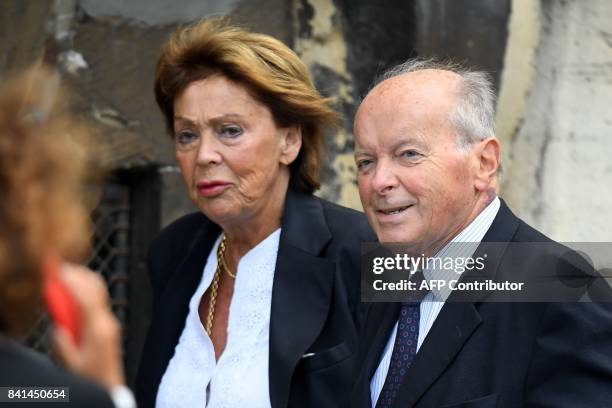 French former culture minister Jacques Toubon and his wife Lise arrive at the Saint-Sulpice church to attend the funeral of late actress Mireille...