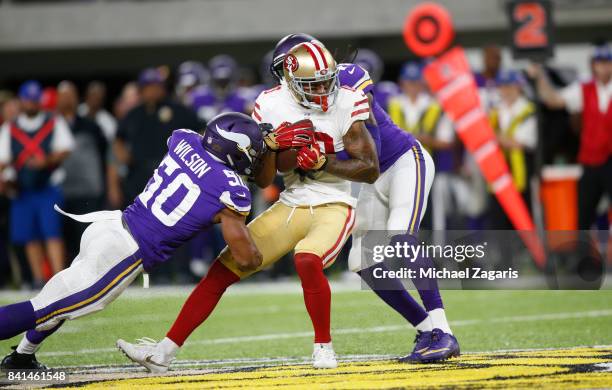 Louis Murphy of the San Francisco 49ers makes a reception during the game against the Minnesota Vikings at U.S. Bank Stadium on August 27, 2017 in...