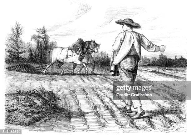 farmer sowing seeds on field with hands 1859 - livery stock illustrations