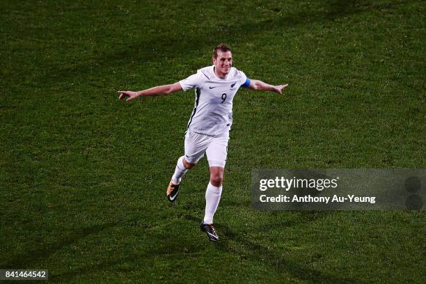 Chris Wood of New Zealand celebrates after scoring his third goal and completes a hat trick during the 2018 FIFA World Cup Qualifier match between...