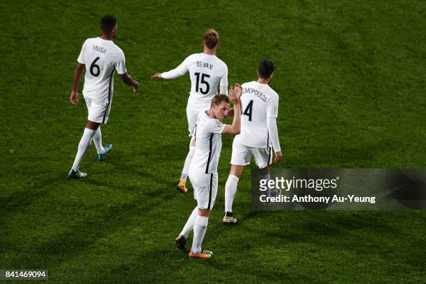 Chris Wood of New Zealand celebrates with the supporters after scoring his third goal and completes a hat trick during the 2018 FIFA World Cup...