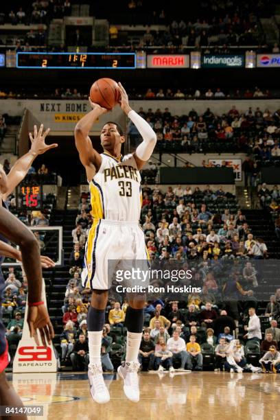 Danny Granger of the Indiana Pacers shoots against the Atlanta Hawks at Conseco Fieldhouse on December 30, 2008 in Indianapolis, Indiana. NOTE TO...