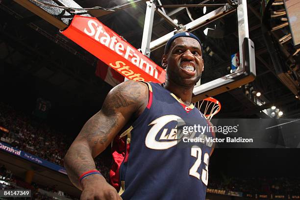 LeBron James of the Cleveland Cavaliers takes a breather on December 30, 2008 at the American Airlines Arena in Miami, Florida. NOTE TO USER: User...