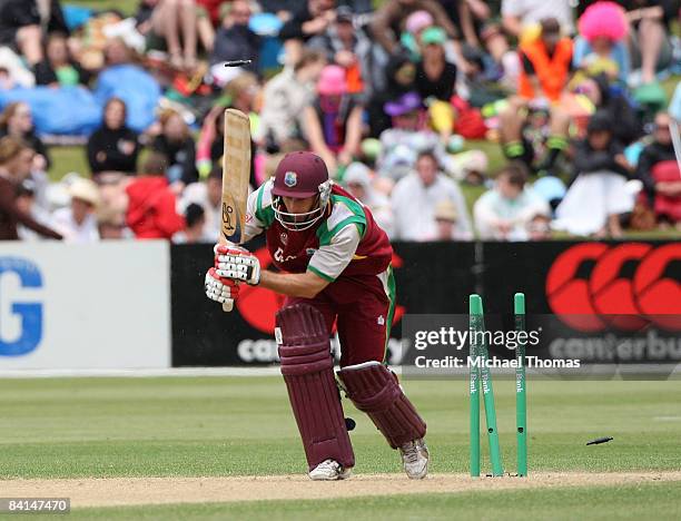 Brendan Nash of the West Indies is bowled during the First One Day International Match between New Zealand and the West Indies at Queenstown Events...