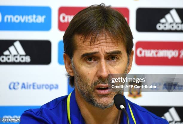 Spain's coach, Julen Lopetegui, gives a press conference at the Royal Spanish Football Federation's "Ciudad del Futbol" in Madrid on September 1,...