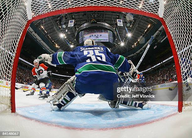 Jonathon Kalinski of the Philadelphia Flyers scores his first NHL goal on Cory Schneider of the Vancouver Canucks during their game at General Motors...