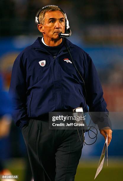 Head coach Mike Shanahan of the Denver Broncos walks the sidelines during the NFL game against the San Diego Chargers at Qualcomm Stadium on December...