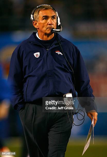 Head coach Mike Shanahan of the Denver Broncos walks the sidelines during the NFL game against the San Diego Chargers at Qualcomm Stadium on December...