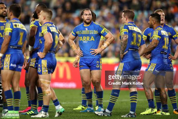 Tepai Moeroa of the Eels and team mates look on during the round 26 NRL match between the Parramatta Eels and the South Sydney Rabbitohs at ANZ...